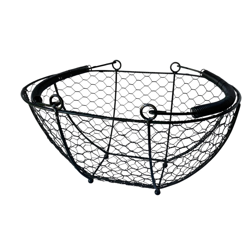 Egg Basket oval large two Handles black farmhouse Metal Chicken Wire